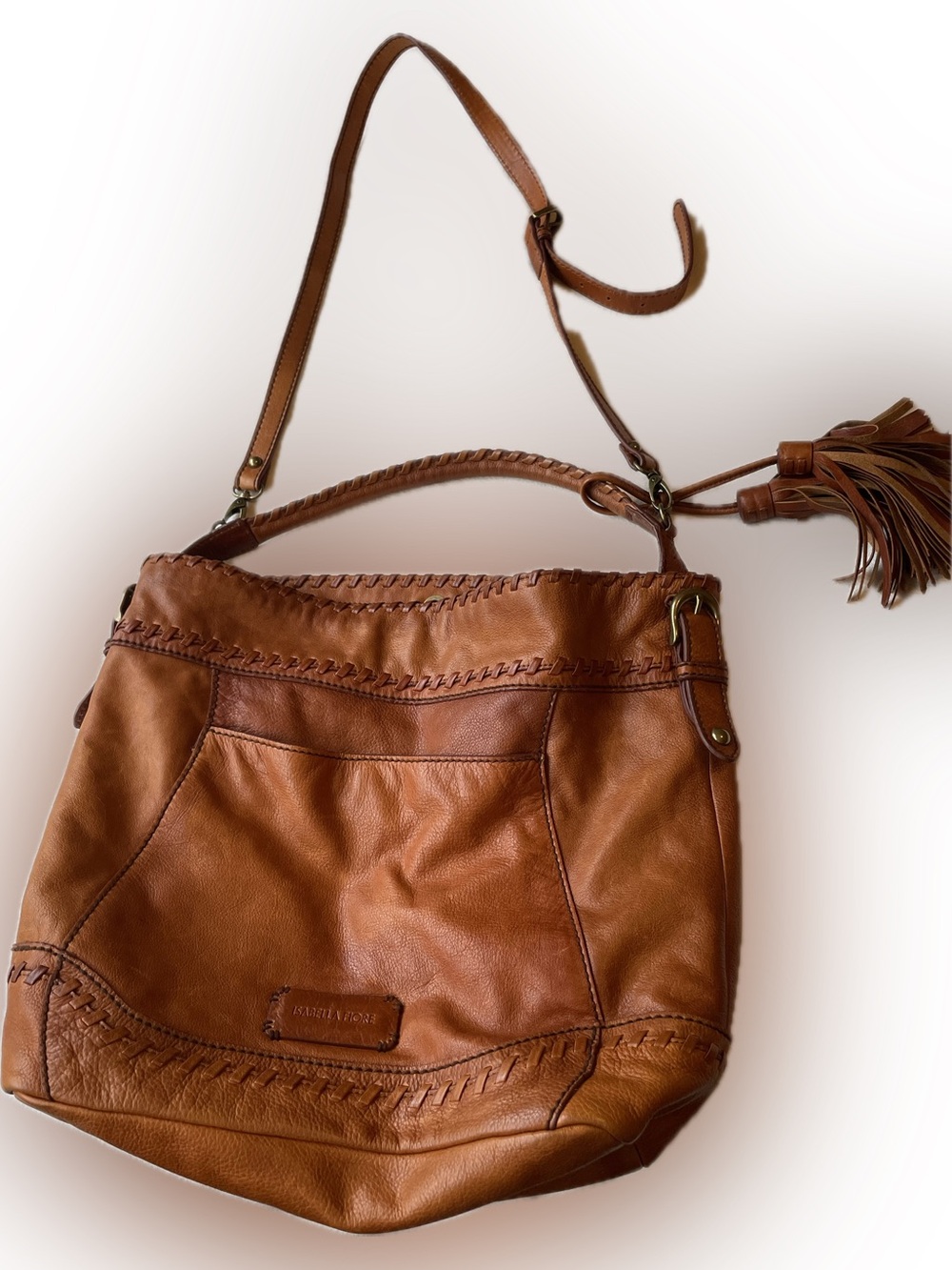 Isabella Fiore Leather Hobo Shopping Bag or Diaper Bag in Cognac Brown